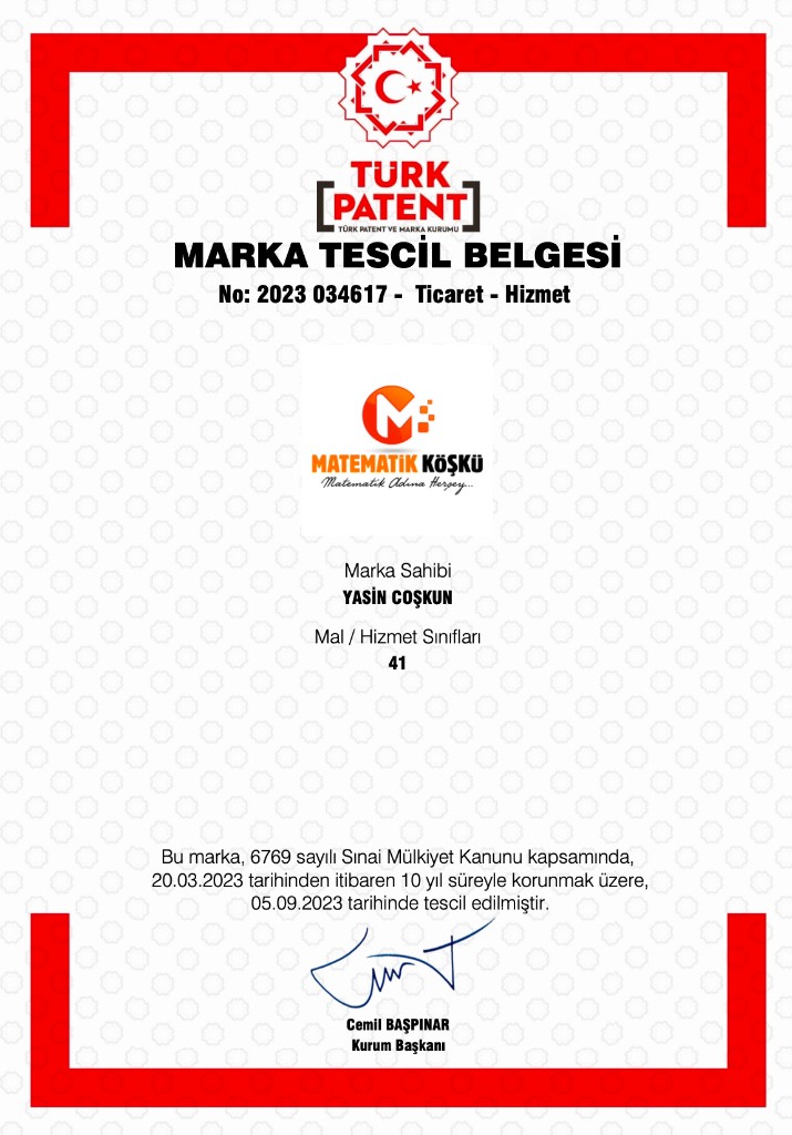 Matematik Köşkü marka tescil belgesi