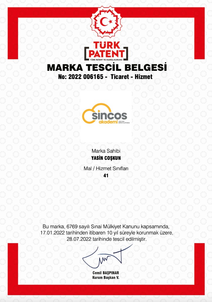 Sincos Akademi marka tescil belgesi
