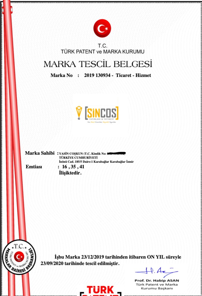 Sincos Yayınları marka tescil belgesi