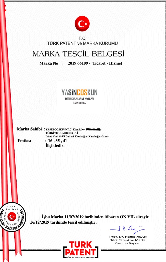 Yasin Coşkun Eğitim Kurumları marka tescil belgesi